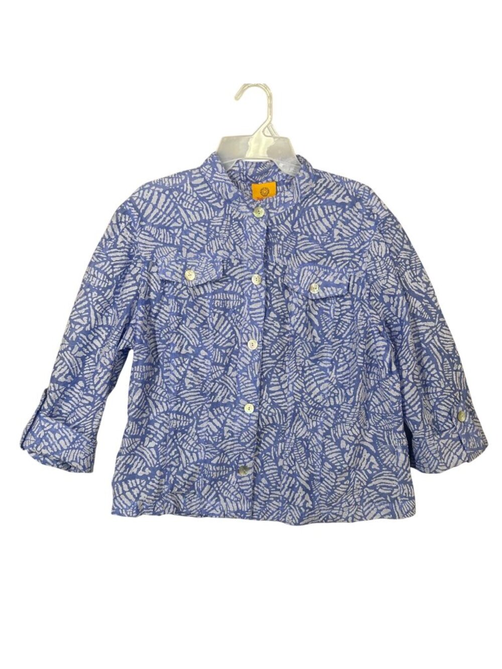 Ruby Rd. Women Button-Up Shirt Leaf Print Size 12 Roll-Up Sleeves Sheer EUC
